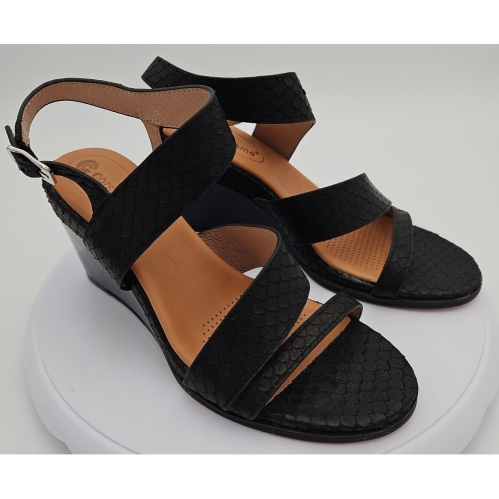 CC Corso Como NASHILA Black Leather W/7.5 Snake Accent Wedge Strappy Sandal NWOB